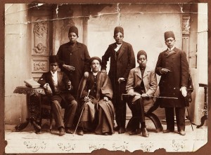 African slaves in Iran during the Qajar era were often eunuchs. Their dress suggests that they belonged to the king or high-ranking members of his court. From right: Aqay-i ‘Almas khan, Aqay-i Bahram khan, Aqay-i Masrur, Aqay-i A Seyid Mustafa, Aqay-i Iqbal khan, and Aqay-i Yaqut khan (different person from other photo), 1880s Photograph: Kimia Foundation