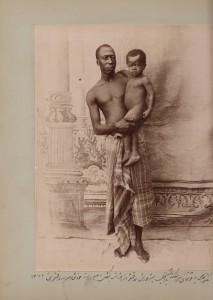  In this staged photo taken by Zell-e Soltan at his summer hunting palace near Isfahan, one of his African slaves holds his son. According to the caption, the infant (Iqbal) is the real son of the adult African slave, Haji Yaqut Khan, suggesting he wasn’t a eunuch and could father his own children. The caption says that Yaqut Khan is in his ethnic clothes (languteh), which was mainly worn by Africans outside of Iran, 1904. Photograph: Zell-e-Soltan/Kimia Foundation 