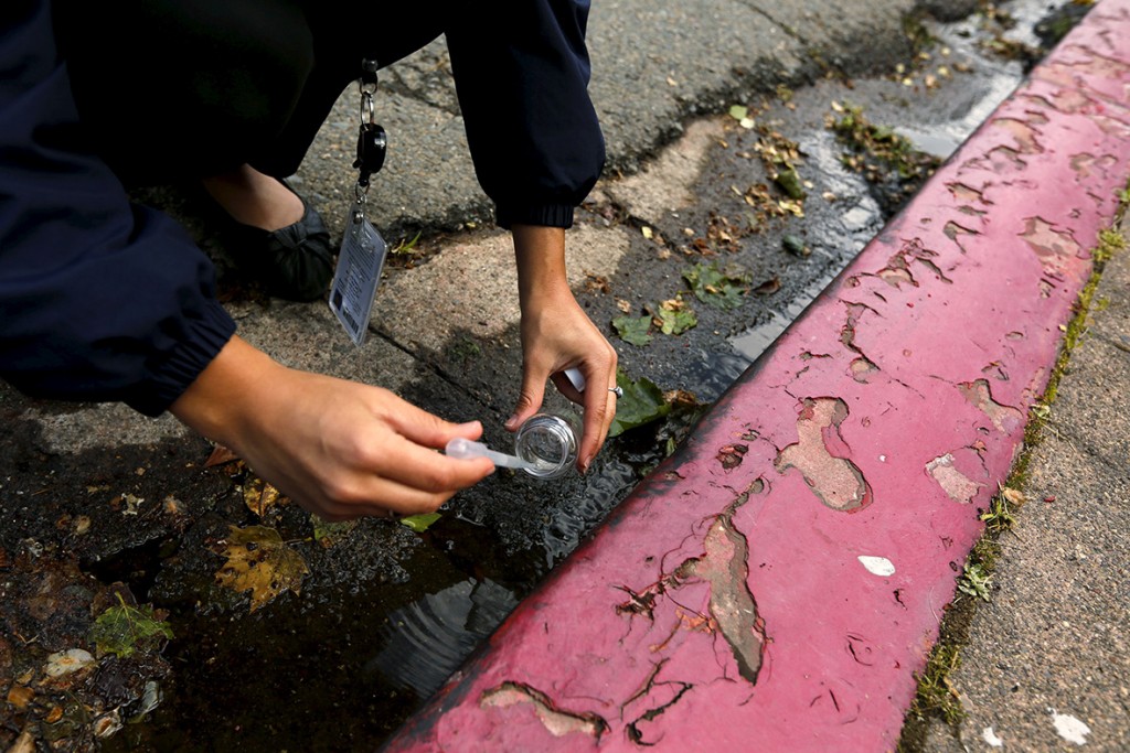8 April 2015: Jolene Bertetto, a water conservation technician with East Bay Municipal Utility District, takes a water sample from run-off in a neighborhood in Oakland, California. Bertetto was conducting investigations into waste water and sources of water leaks as the state's top water regulators released a framework for enforcing California's first statewide mandatory restrictions on urban water useRobert Galbraith/ Reuters