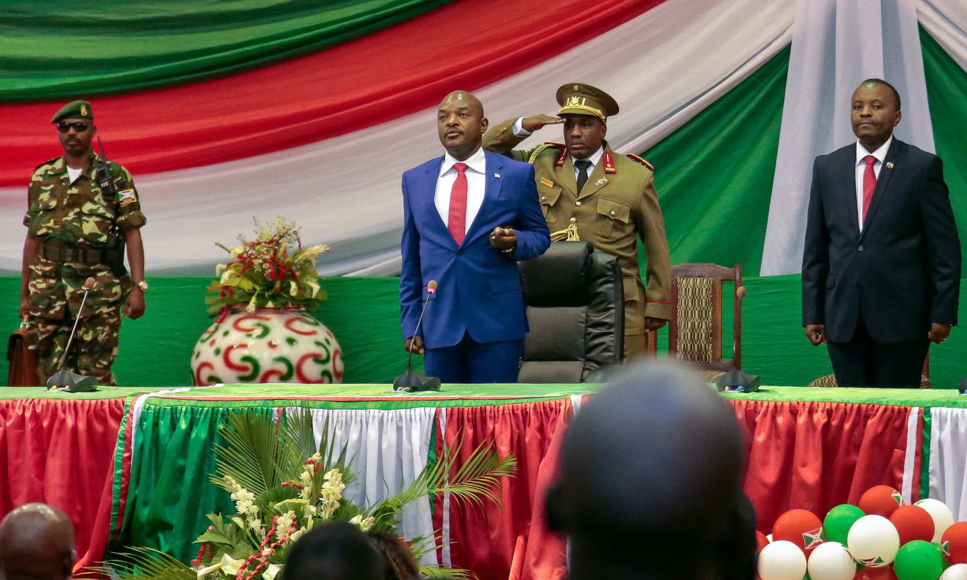 President Nkurunziza is sworn in for a third term at a ceremony in Bujumbura. Photograph: Gildas Ngingo/AP