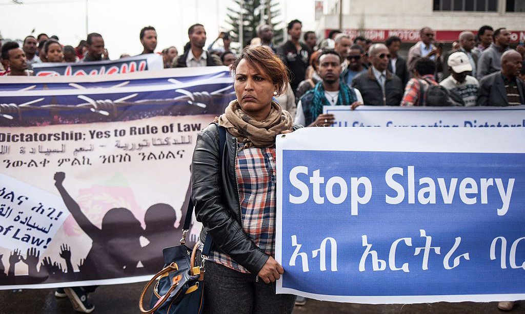 Hundreds of Eritreans demonstrate in front of the African Union headquarters in Addis Ababa, Ethiopia, asking for measures to be taken against Eritrea in June 2015. Photograph: Nichole Sobecki/AFP/Getty Images