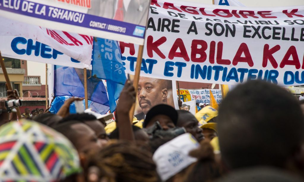 Supporters of the Democratic Republic of the Congo’s president, Joseph Kabila, celebrate his 45th birthday at the Velodrome stadium. Kabila’s term expires in December. Photograph: Junior D Kannah/AFP/Getty Images