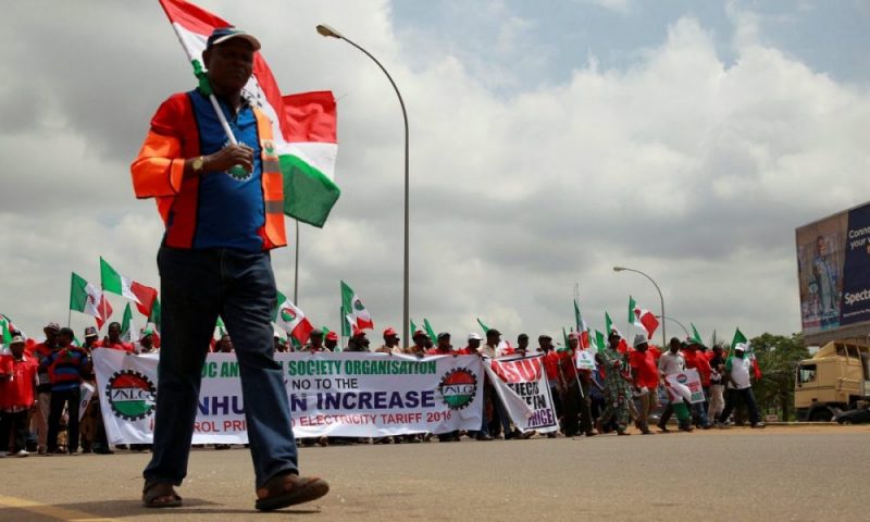 The Nigeria Labour Congress, a group of trade unions, marches during an anti-fuel price hike rally in Abuja on 19 May 2016. Photograph: Afolabi Sotunde/Reuters