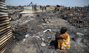 The Protection of Civilians site in Malakal, pictured on 26 February, after the attack in which 30 people were killed. A large part of the site was burned to the ground. Photograph: Albert Gonzalez Farran/AFP/Getty