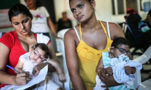 Infants born with microcephaly are held by mothers at a meeting for mothers of children with special needs on 2 June 2016 in Recife, Brazil. Photograph: Mario Tama/Getty Image