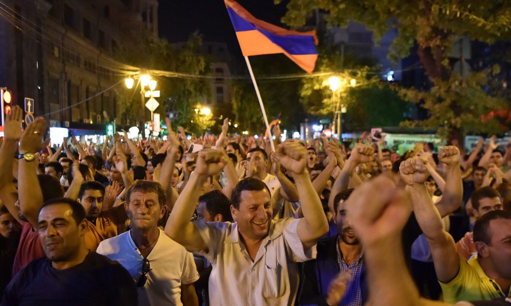 Opposition supporters on a protest march in Yerevan on Tuesday. Photograph: Hayk Baghdasaryan/Photolure/EPA