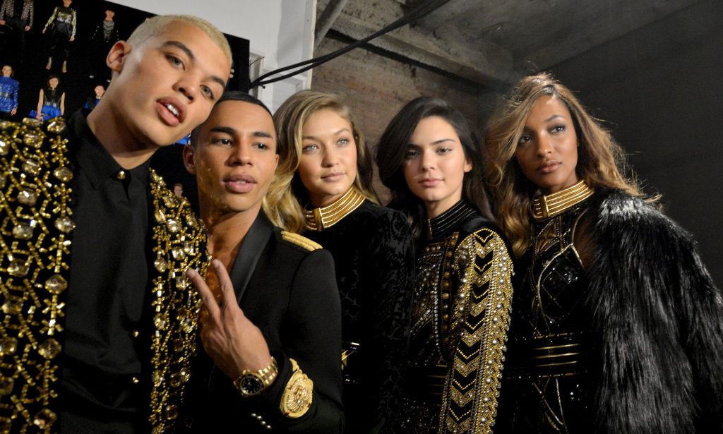 Backstage at the BALMAIN X H&M collection launch with Dudley O’Shaughnessy, Gigi Hadid, Kendall Jenner, Jourdan Dunn and Olivier Rousteing. Photograph: Slaven Vlasic/Getty Images for H&M