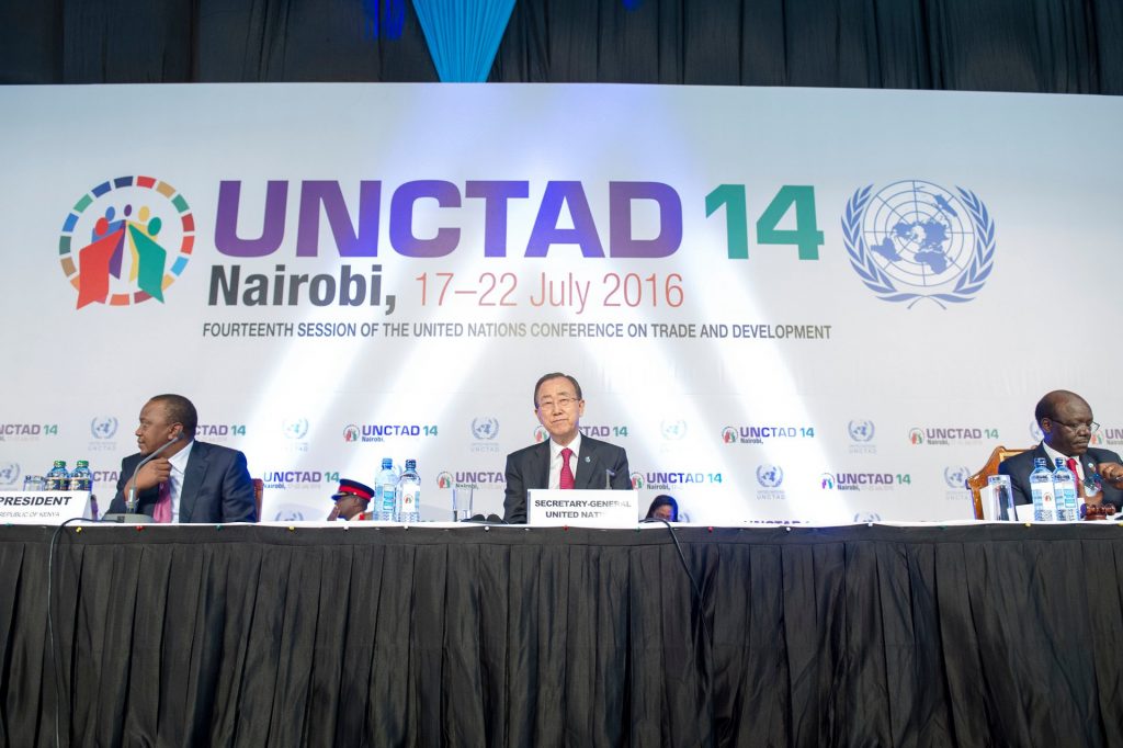 UN secretary general Ban Ki-moon, centre, prepares to address the 14th session of the UN Conference on Trade and Development in Nairobi. Photograph: Rick Bajornas/UN Photo