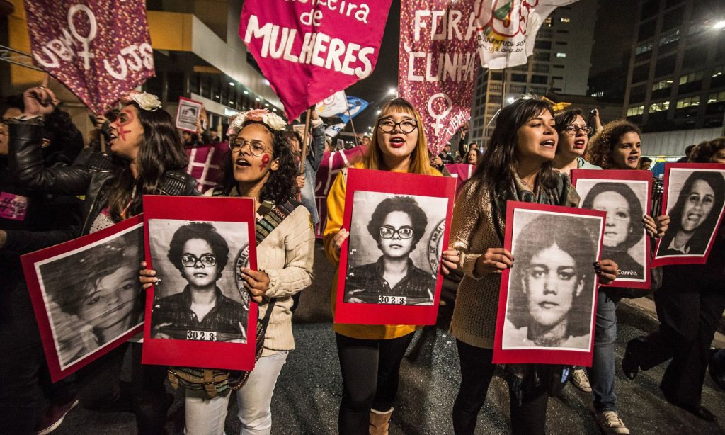 Feminists protest against the impeachment of the Brazilian president, Dilma Rousseff, in Sao Paulo on 26 April. Photograph: Zuma Wire/Rex Shutterstock
