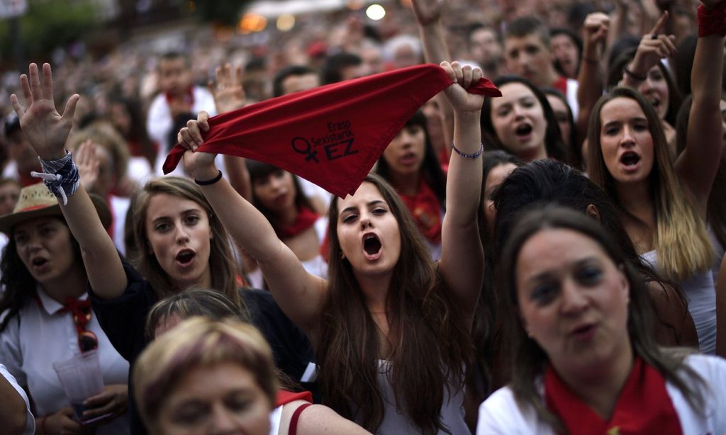 People protest against the surge in sexual attacks at the city’s annual bull-running festival, in which 11 allegations of sexual assault were reported. Photograph: Alvaro Barrientos/AP 