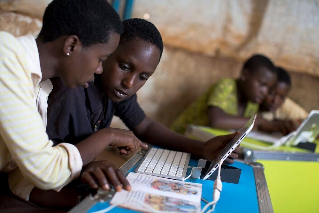 The IdeasBox programme provides stable internet access in the Bwagiriza refugee camp. Photograph: International Rescue Committee/ Bibliothèques Sans Frontières