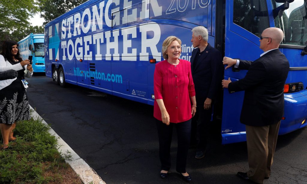 Hillary Clinton makes a campaign stop with former president Bill Clinton in Hatfield, Pennsylvania, on Friday. Photograph: Aaron P Bernstein/Reuters