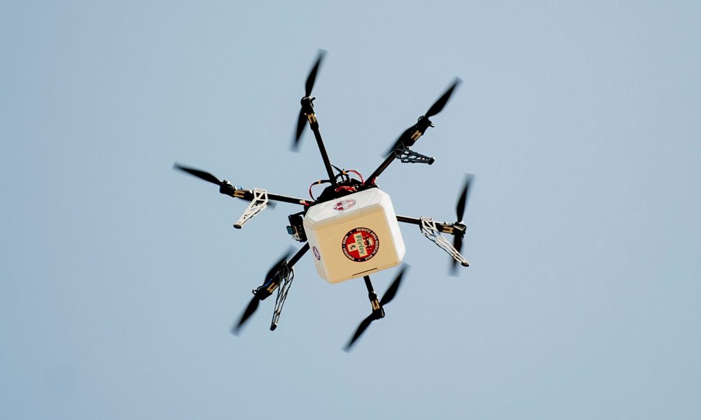 A drone sets off to deliver medicine. Photograph: Pete Marovich/Bloomberg/Getty