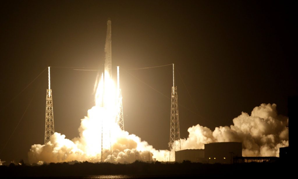 The Falcon 9 SpaceX rocket lifts off from launch complex 40 at the Cape Canaveral Air Force Station in Florida. Photograph: John Raoux/AP