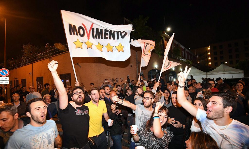 Supporters of the Five Star Movement celebrate Virginia Raggi’s election as mayor of Rome on 20 June. Photograph: Alessandro Di Meo/EPA