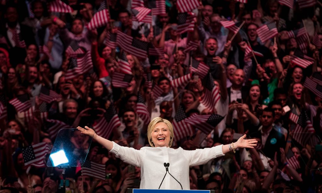 Hillary Clinton in Brooklyn last month after securing enough delegates to become the Democratic presidential nomination. Photograph: Drew Angerer/Getty Images