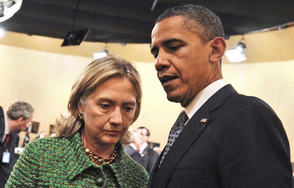 Barack Obama with Hillary Clinton, then secretary of state, at a Nato summit conference in Lisbon, Portugal, in 2010. Photograph: Rainer Jensen/EPA