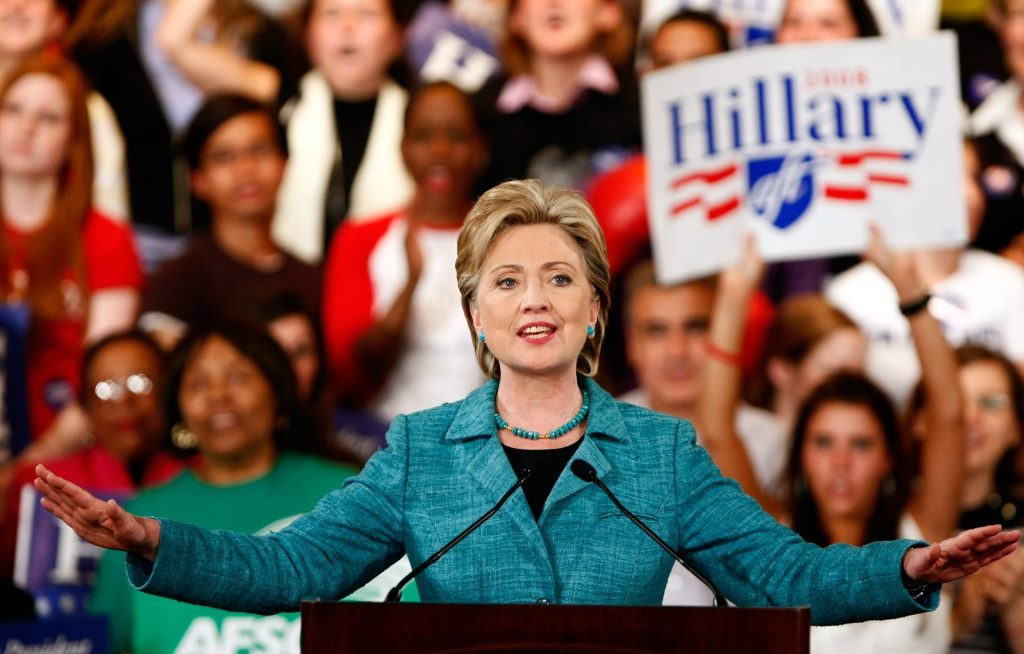 Hillary Clinton during a primary night rally in Philadelphia in April 2008. Photograph: Win McNamee/Getty Images