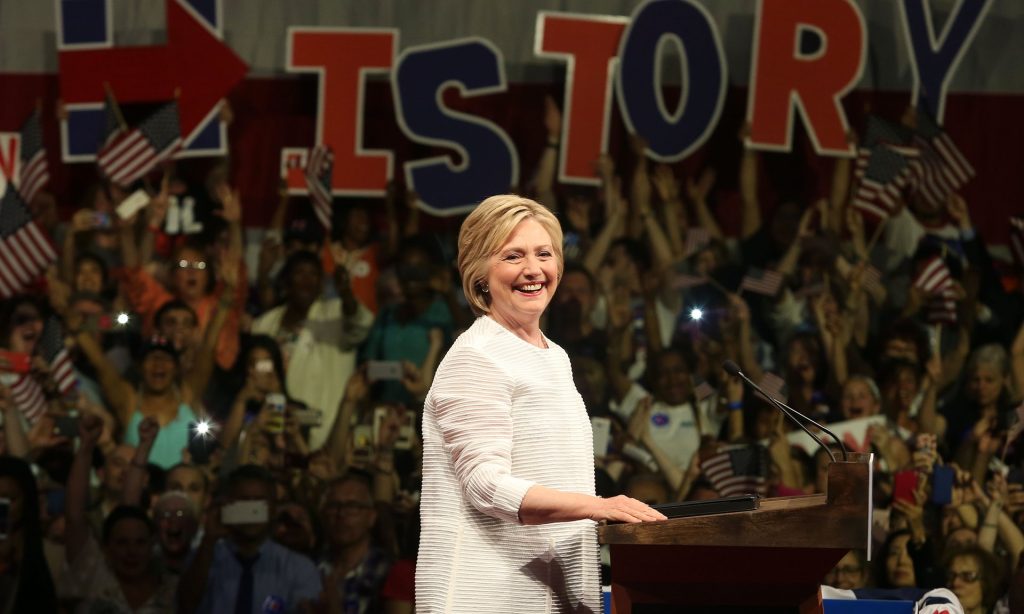 Hillary Clinton arrives to her primary night victory rally at the Brooklyn Navy Yard in New York last month. Photograph: Zuma Wire/Rex/Shutterstock