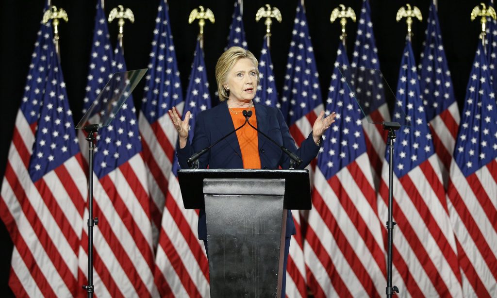 Hillary Clinton gives an address on national security last month in San Diego, California. Photograph: John Locher/AP