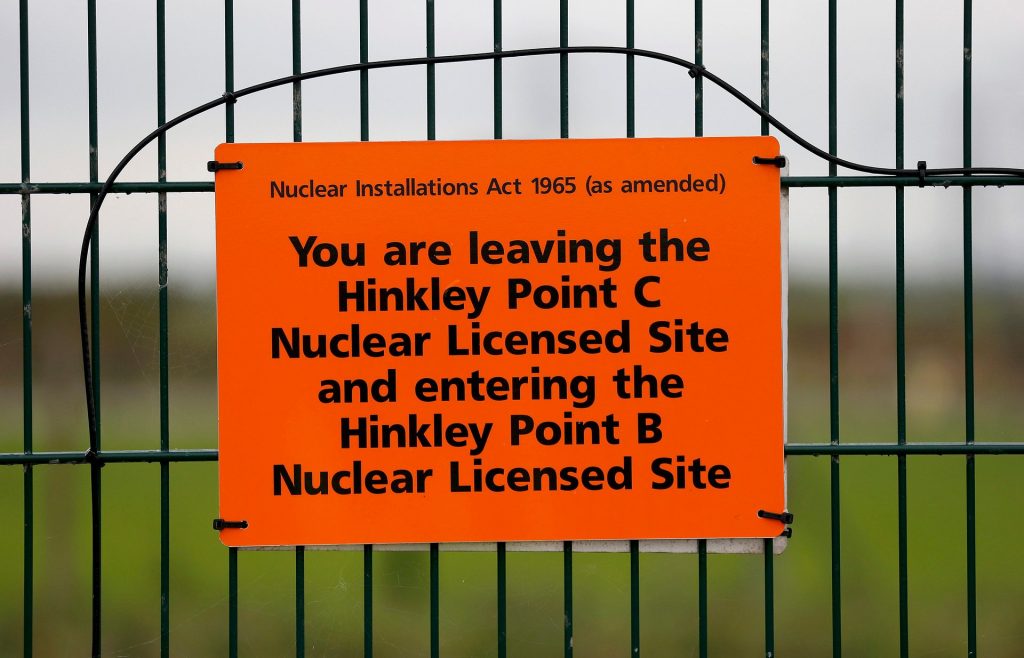 A sign marking the borders of the Hinkley Point C site. Photograph: Suzanne Plunkett/Reuters