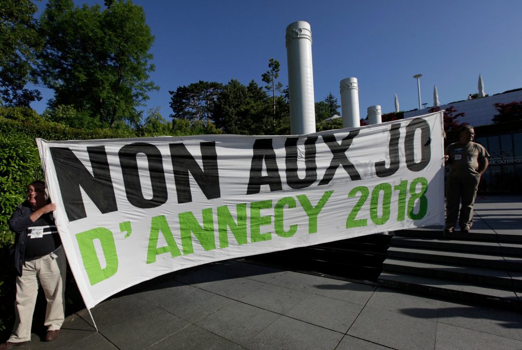 Protesters campaign against the project of Annecy 2018 Olympic bid in 2011. Photograph: Denis Balibouse/Reuters