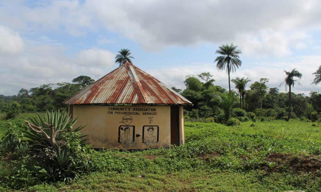 A ‘peace hut’ used by Sierra Leone’s Community Association for Psychosocial Services, which has provided counselling to communities around Kailahun since the end of the civil war. Photograph: Ryan Brown