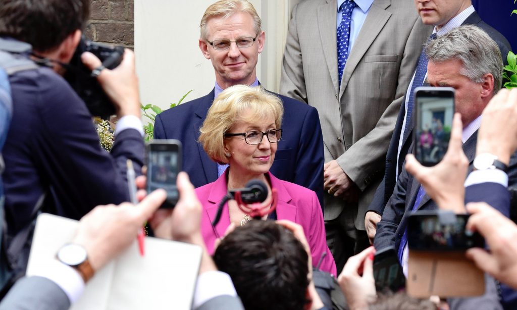 Andrea Leadsom gives a statement as she pulls out of the Conservative leadership race. Photograph: Steve Back/Barcroft Images