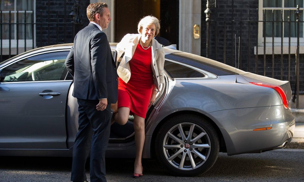Theresa May just before flying to Berlin on Wednesday in her first foreign visit as prime minister. Photograph: Daniel Leal-Olivas/AFP/Getty Images