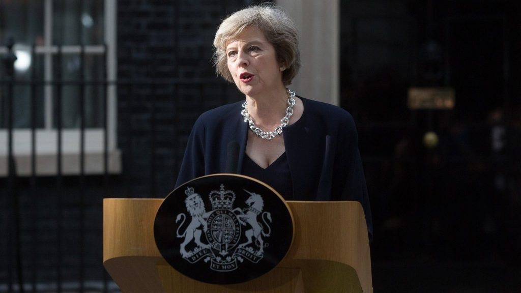 Theresa May, U.K. prime minister, delivers a speech outside 10 Downing Street in London, U.K. on Wednesday, July 13, 2016. May became the U.K.'s second female prime minister and has promised to take Britain out of the European Union. Photographer: Simon Dawson/Bloomberg