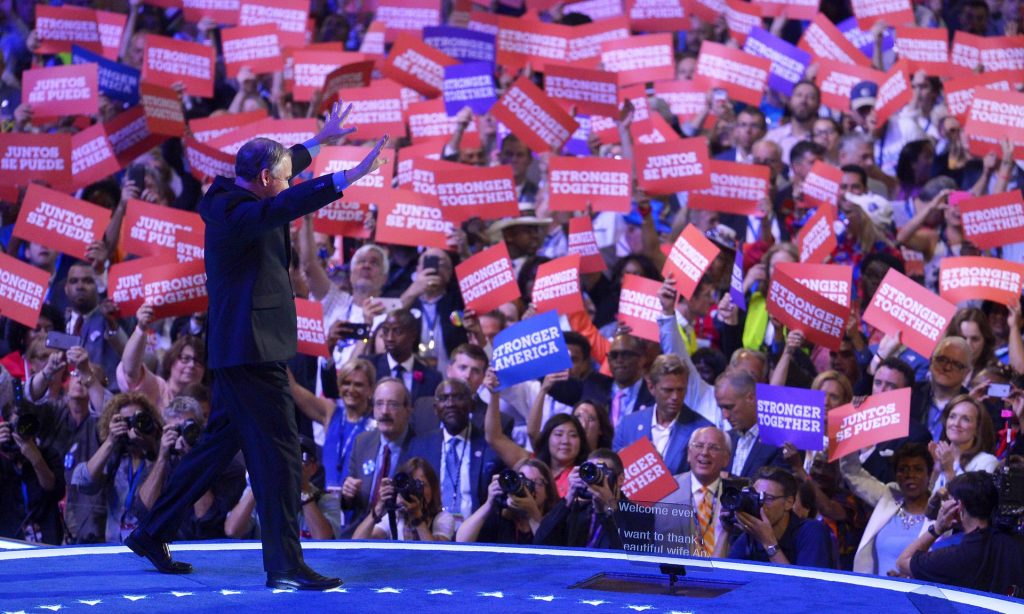 Democratic vice-presidential candidate, Senator Tim Kaine steps on the stage before his speech. Photograph: Mark J Terrill/AP