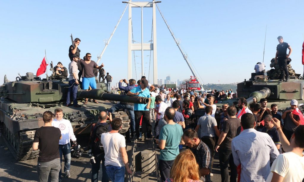 Turkish demonstrators on the Bosphorus Bridge, where the attempted coup began. Photograph: STR/EPA