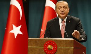 The Turkish president, Recep Tayyip Erdoğan, speaks during a news conference on Wednesday night. Photograph: Umit Bektas/Reuters
