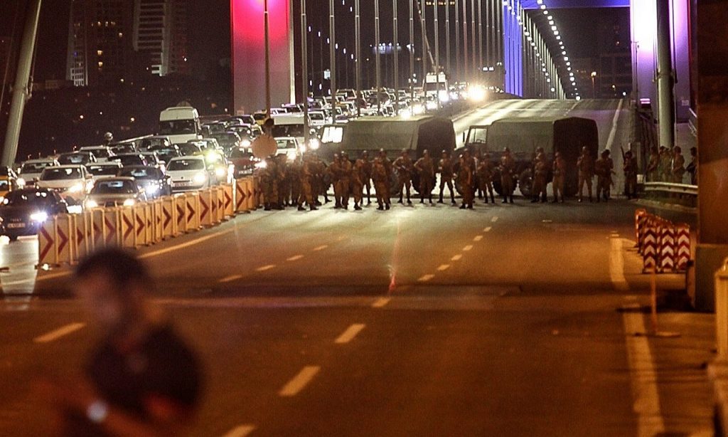Turkish soldiers block Istanbul’s Bosphorus Bridge in Istanbul. Photograph: Gokhan Tan/Getty Images