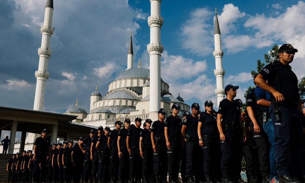 Turkish police officers attend the funeral ceremony in Ankara of a special forces officer killed during the failed coup. Photograph: Dimitar Dilkoff/AFP/Getty Images