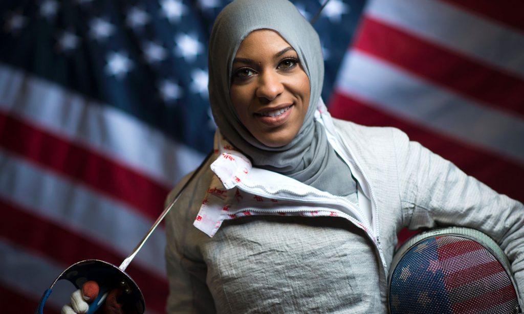 ‘The world needs to see Ibtihaj Muhammad. It needs to know that she is what America is: an improbable self-made success.’ Photograph: Valerie Macon/AFP/Getty Images