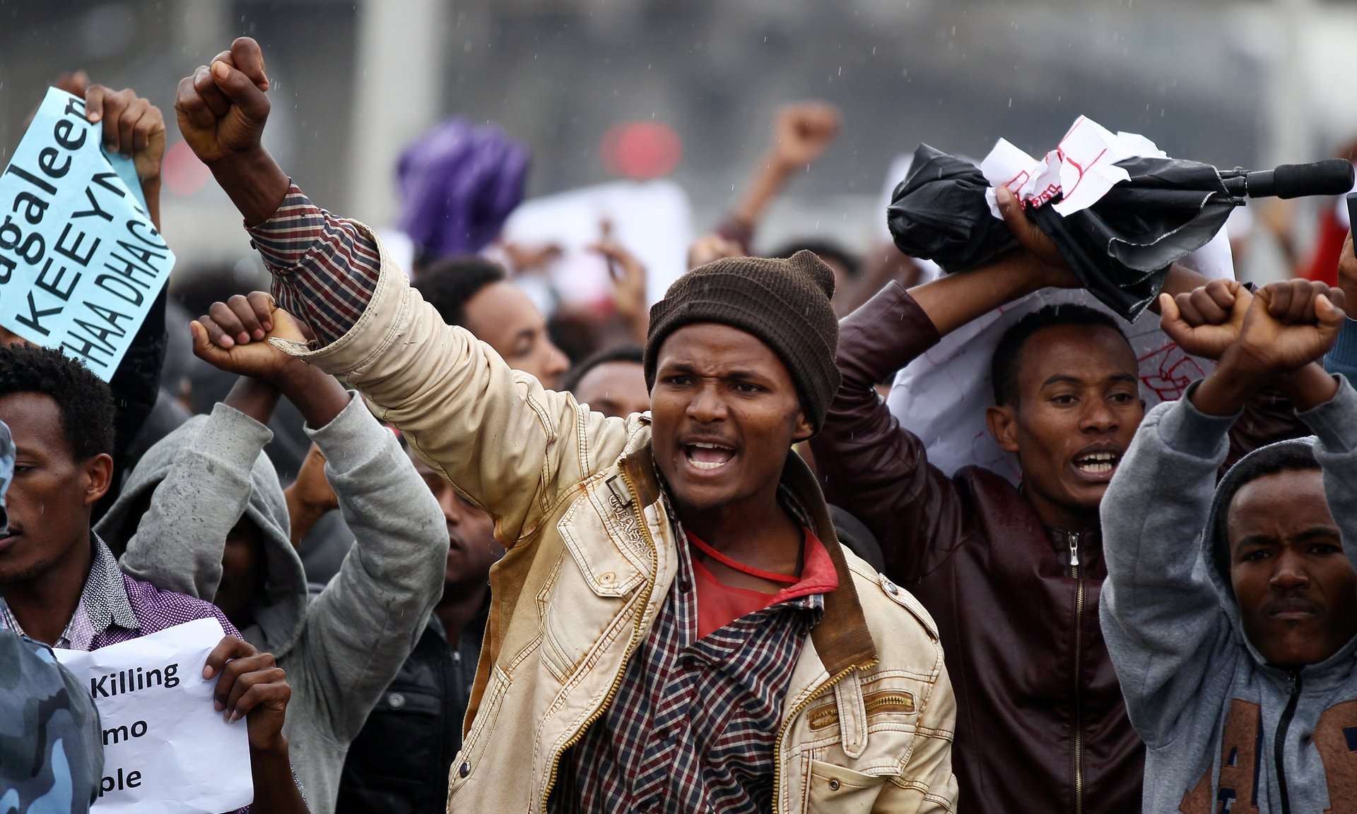 Protesters chant slogans during a demonstration over what they say is unfair distribution of wealth in the country at Meskel Square in Ethiopia’s capital Addis Ababa. Photograph: Tiksa Negeri/Reuters