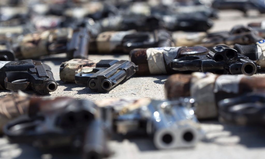 Hundreds of firearms are displayed before being destroyed at the Morelos military headquarters in Tijuana, Mexico. Photograph: Guillermo Arias/AFP/Getty Images