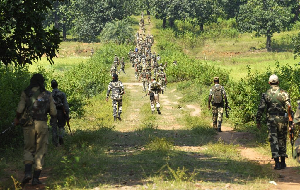 An Indian government paramilitary unit, the Central Reserve Police Force, on patrol in Chhattisgarh. Photograph: Samir Jana/Hindustan Times/Getty Images