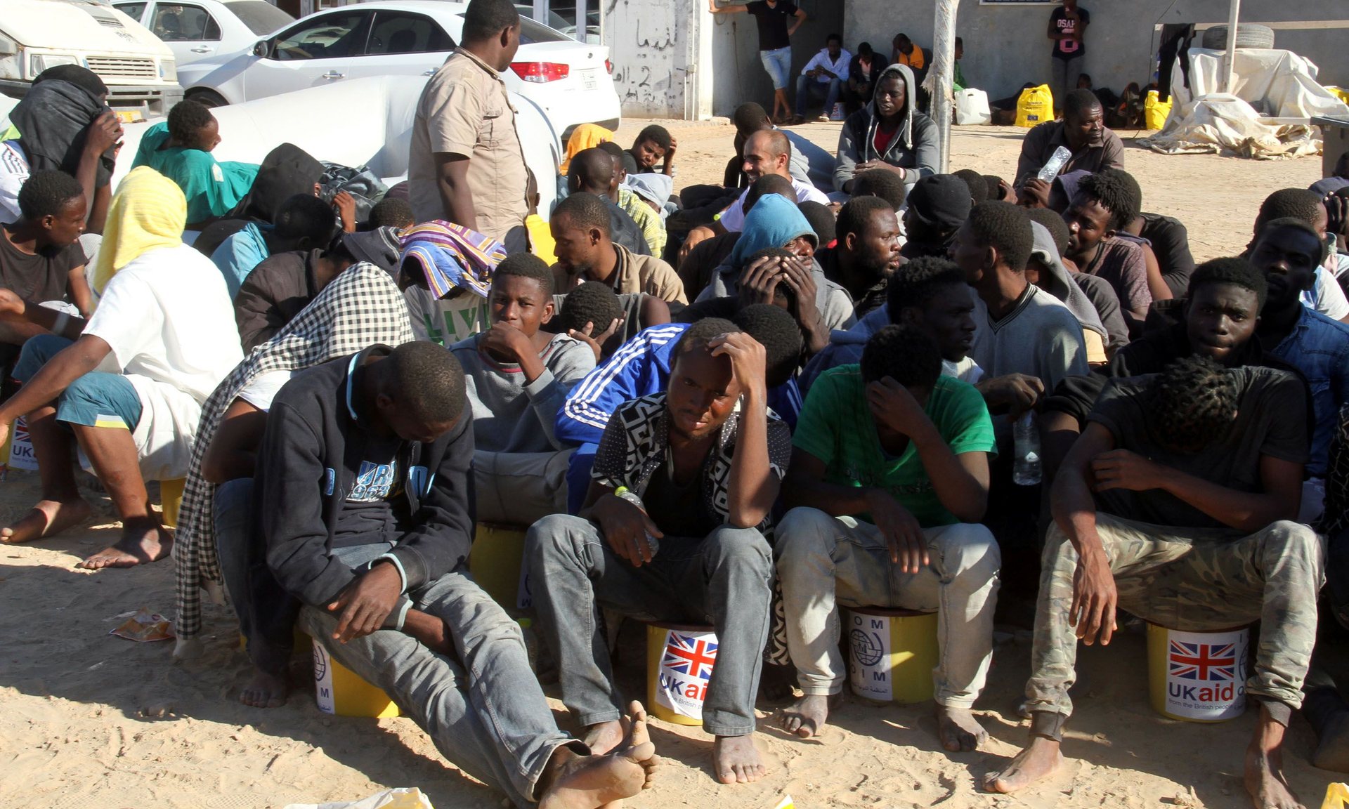 Migrants in Tagiura, east of the Libyan capital Tripoli. The UK’s work in Libya includes support for economic and human rights initiatives. Photograph: AFP/Getty Images