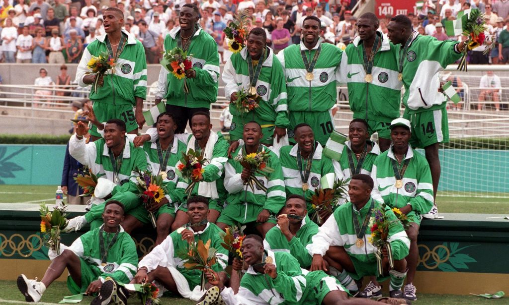 The Nigeria team after beating Argentina 3-2 in the men’s football final. Photograph: PPP