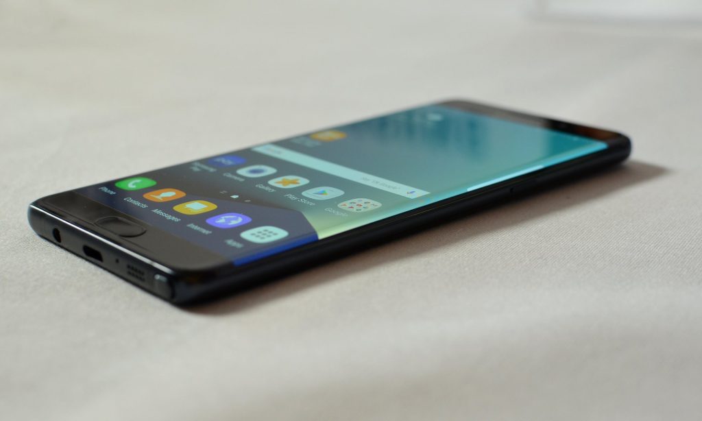 Both the front and back are curved at the edges, making for a narrow device, despite the screen’s 5.7in diagonal dimensions. Photograph: Samuel Gibbs for the Guardian