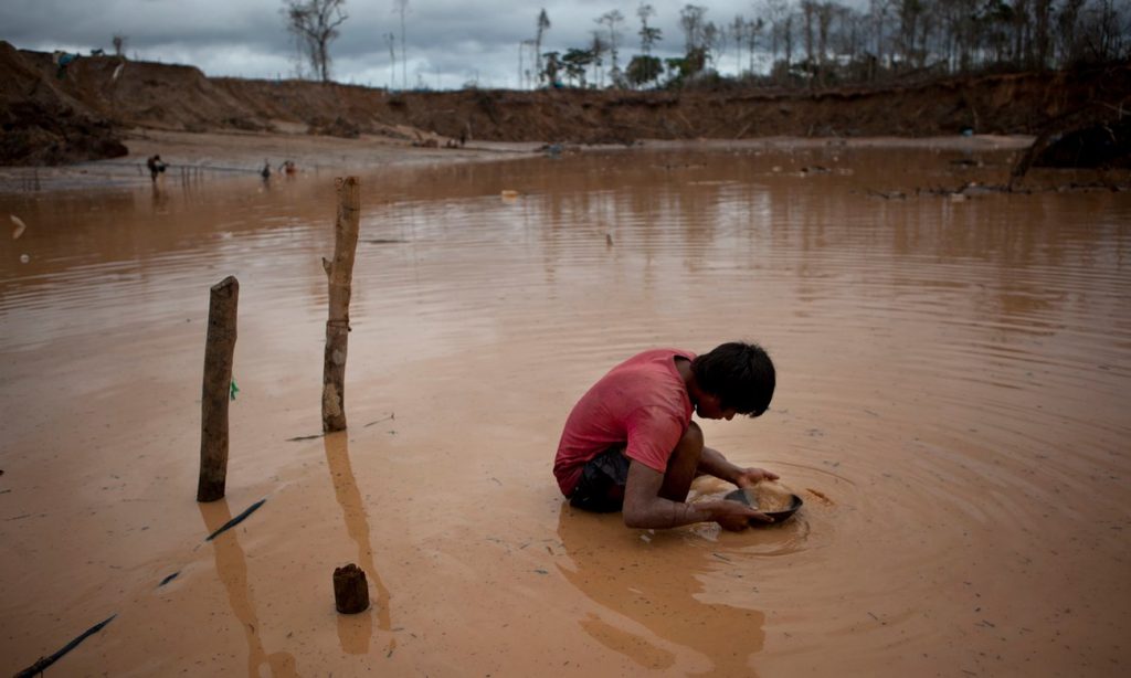 A boy searches for gold at an illegal mine in La Pampa, in the Madre de Dios region of Peru, 2014. Photograph: Rodrigo Abd/AP