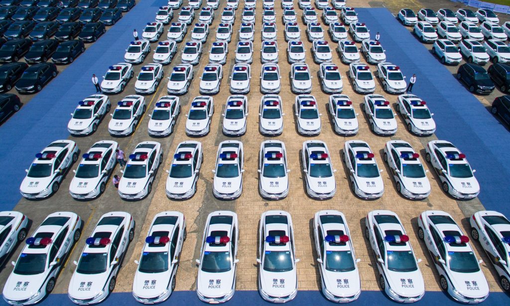 New police cars and other vehicles assigned for the upcoming G20 Hangzhou Summit. The city is being cleaned up and revamped for the visit of world leaders. Photograph: Imaginechina/REX/Shutterstock