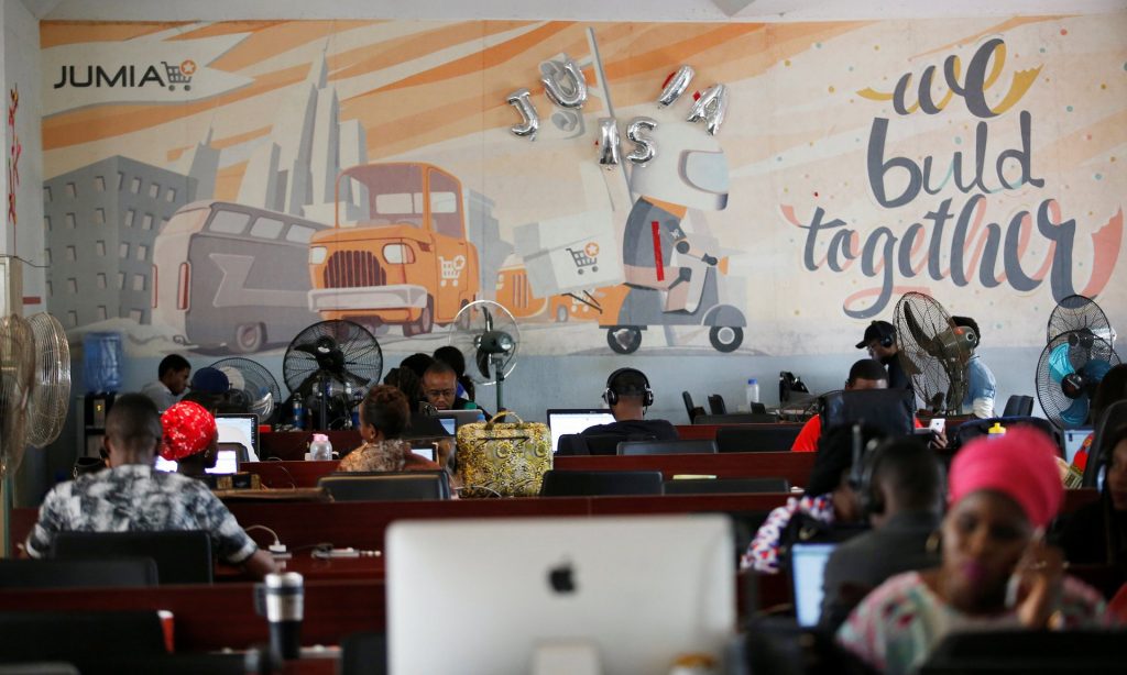Jumia staff in Lagos, Nigeria. The website is a marketplace for electronics, clothing, household items and more. Photograph: Akintunde Akinleye/Reuters