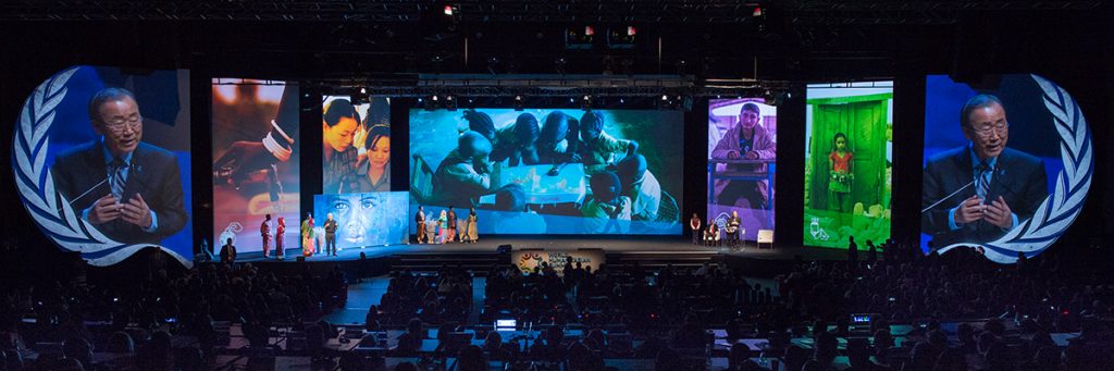 Secretary-General Ban Ki-moon (shown on screens at left and right) addresses the closing ceremony of the World Humanitarian Summit, which took place in Istanbul, Turkey, on 23-24 May 2016. UN Photo/Eskinder Debebe 