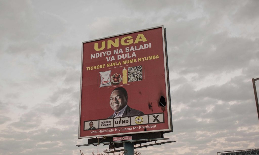 A campaign billboard for opposition candidate Hichilema. Photograph: Gianluigi Guercia/AFP/Getty Images