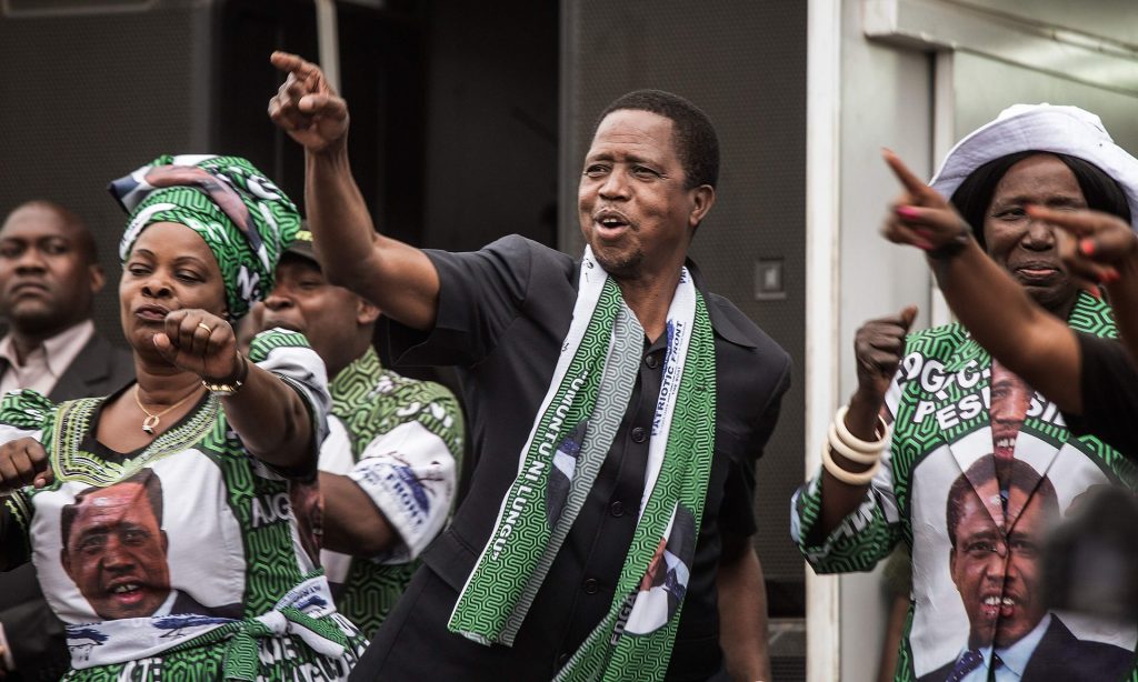 Zambia’s president, Edgar Lungu, on the campaign trail as he seeks re-election. Photograph: Gianluigi Guercia/AFP/Getty Images
