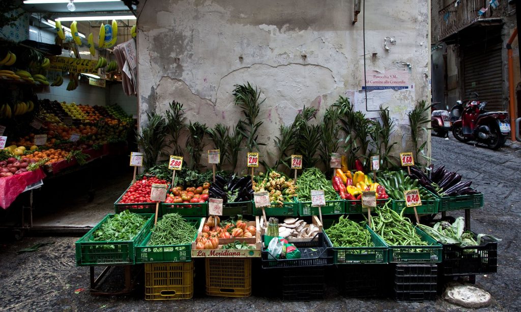 Fresh produce at a street market stall in Naples, Italy. The key element of the diet is eating a large amount of vegetables. Photograph: Alamy