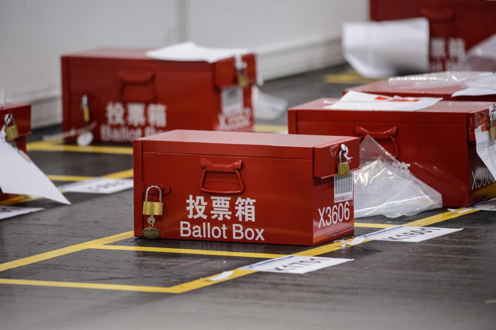 Ballot boxes at the central counting station in Hong Kong on Monday. Photograph: Anthony Wallace/AFP/Getty Images